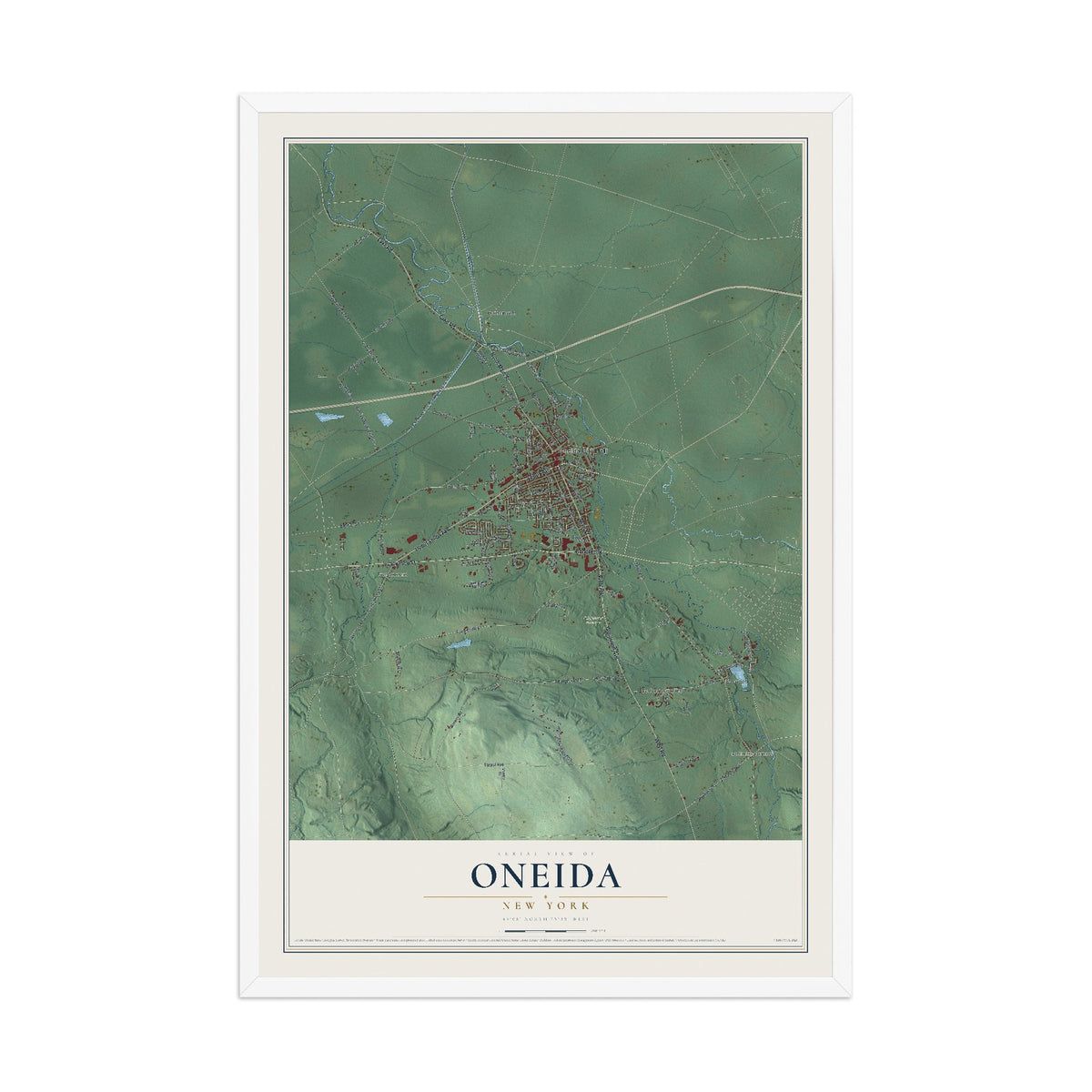 Oneida, New York map print, 12" x 18" W/ White Ayous Wood Frame mockup