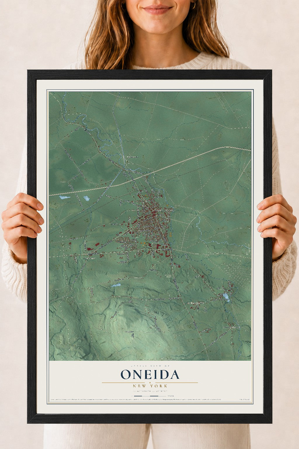 Oneida, New York map print, 18" x 24" W/ Black Ayous Wood Frame mockup