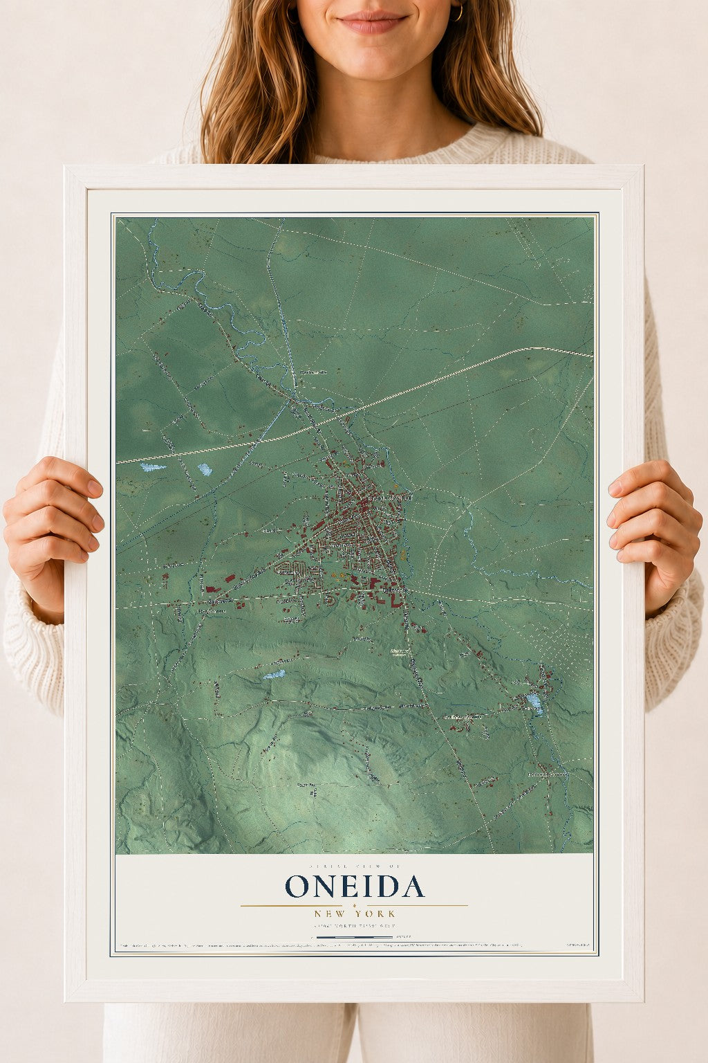 Oneida, New York map print, 18" x 24" W/ White Ayous Wood Frame mockup