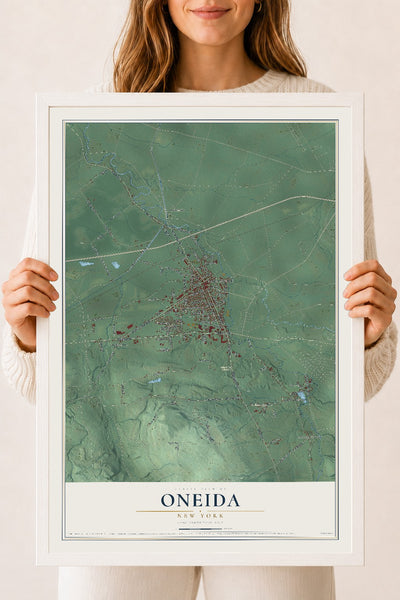 Oneida, New York map print, 18" x 24" W/ White Ayous Wood Frame mockup