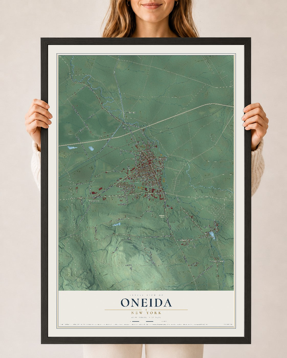 Oneida, New York map print, 24" x 36" W/ Black Ayous Wood Frame mockup