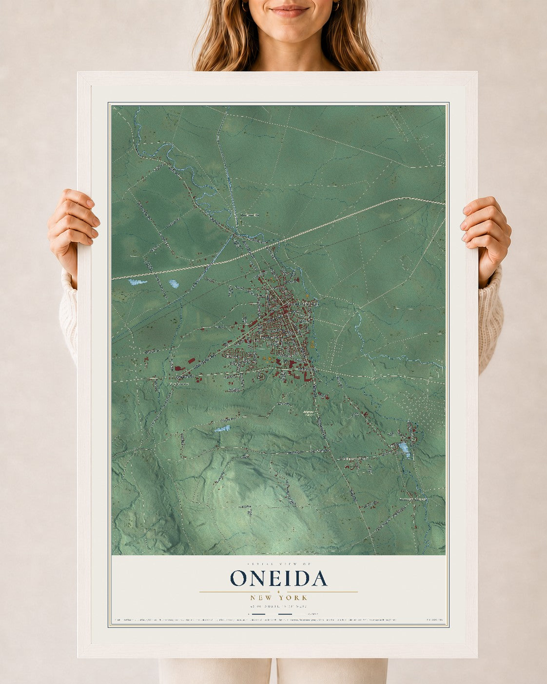 Oneida, New York map print, 24" x 36" W/ White Ayous Wood Frame mockup