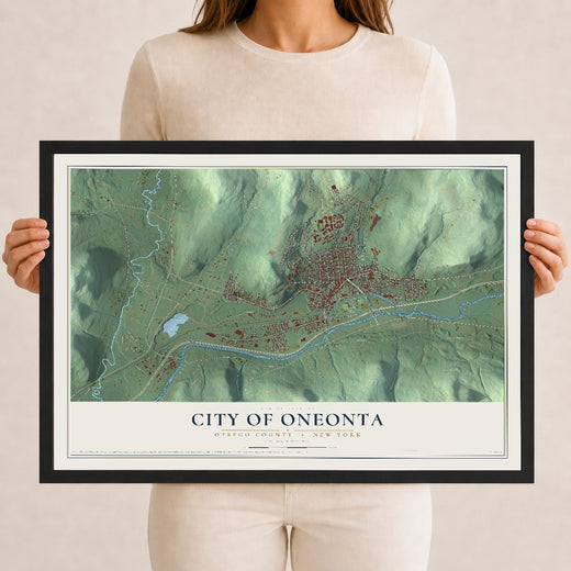 Map of the City of Oneonta, Otsego County, New York, 12 x 18 inch print in a black wood frame