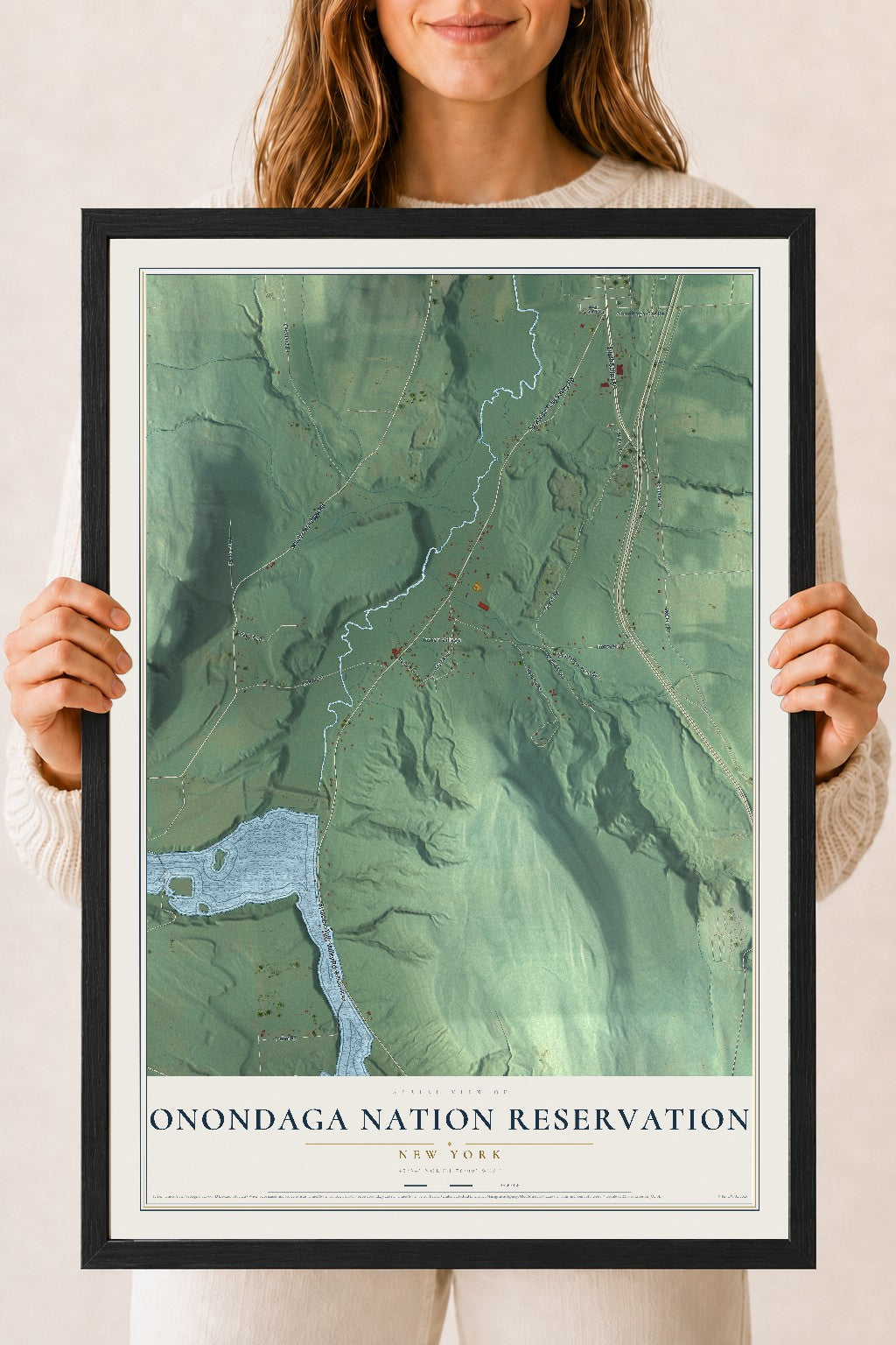 Onondaga Nation Reservation, New York map print, 18" x 24" W/ Black Ayous Wood Frame mockup