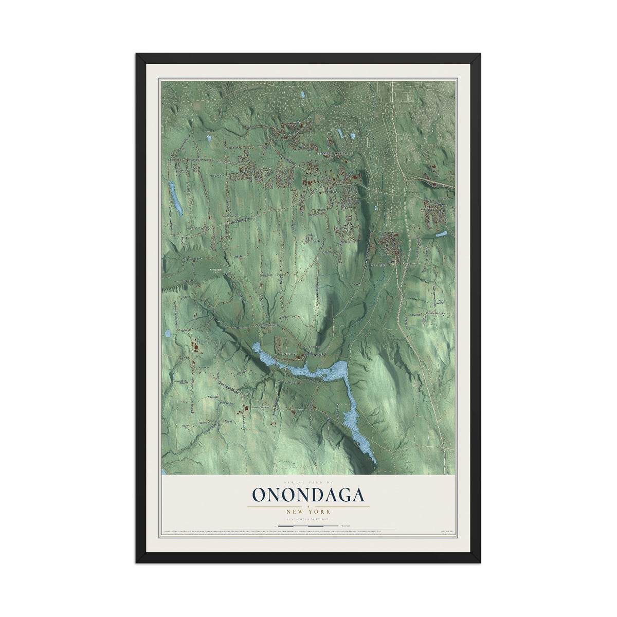 Onondaga, New York map print, 12" x 18" W/ Black Ayous Wood Frame mockup