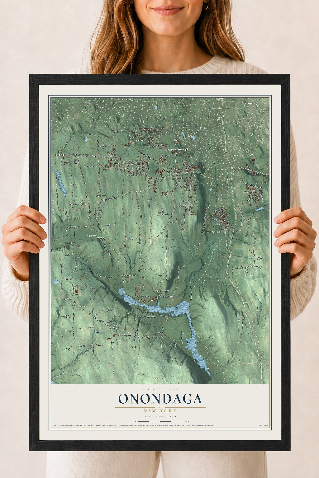 Onondaga, New York map print, 18" x 24" W/ Black Ayous Wood Frame mockup
