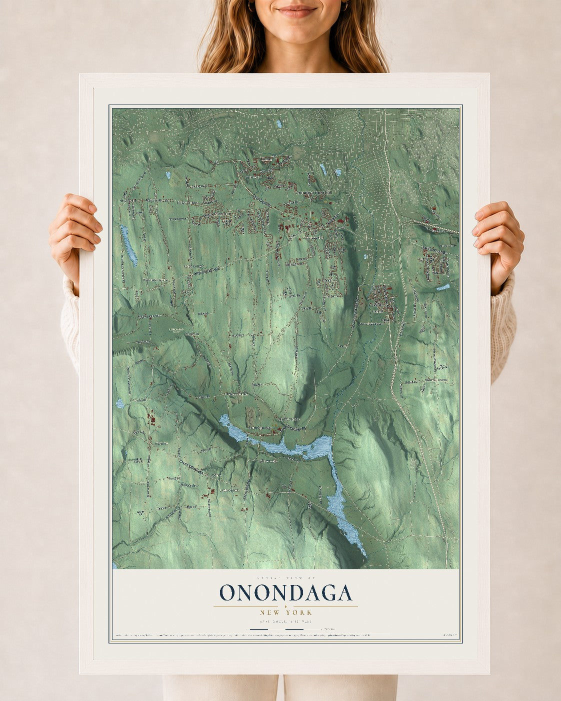 Onondaga, New York map print, 24" x 36" W/ White Ayous Wood Frame mockup