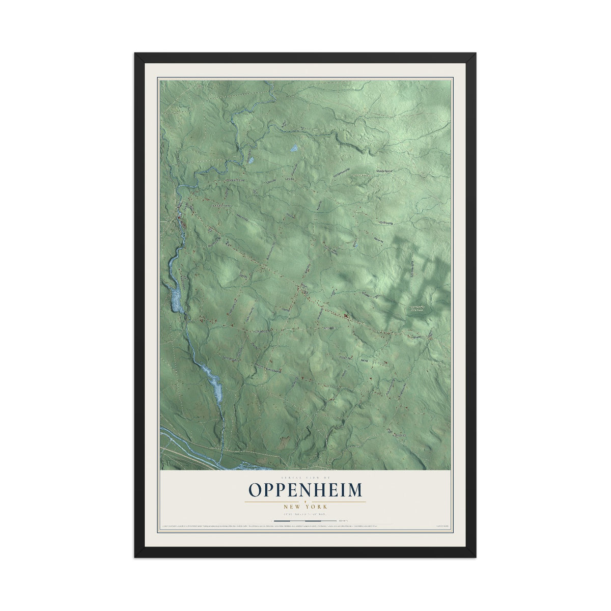 Oppenheim, New York map print, 12" x 18" W/ Black Ayous Wood Frame mockup