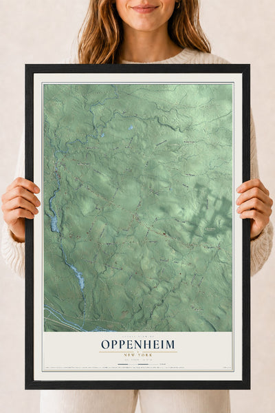 Oppenheim, New York map print, 18" x 24" W/ Black Ayous Wood Frame mockup