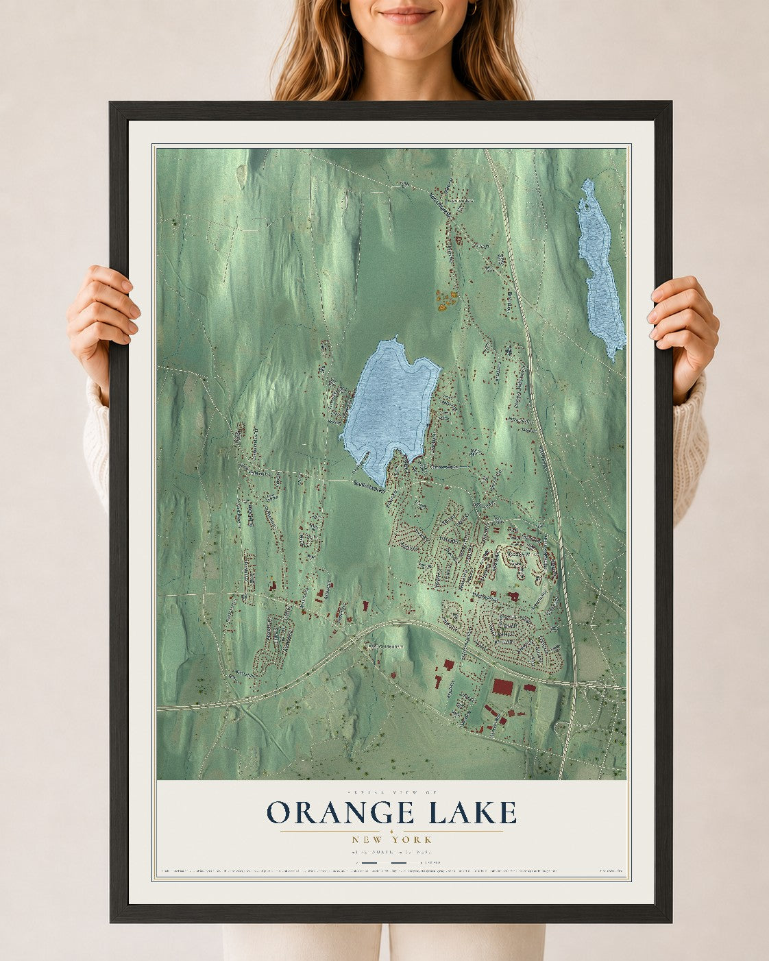 Orange Lake, New York map print, 24" x 36" W/ Black Ayous Wood Frame mockup