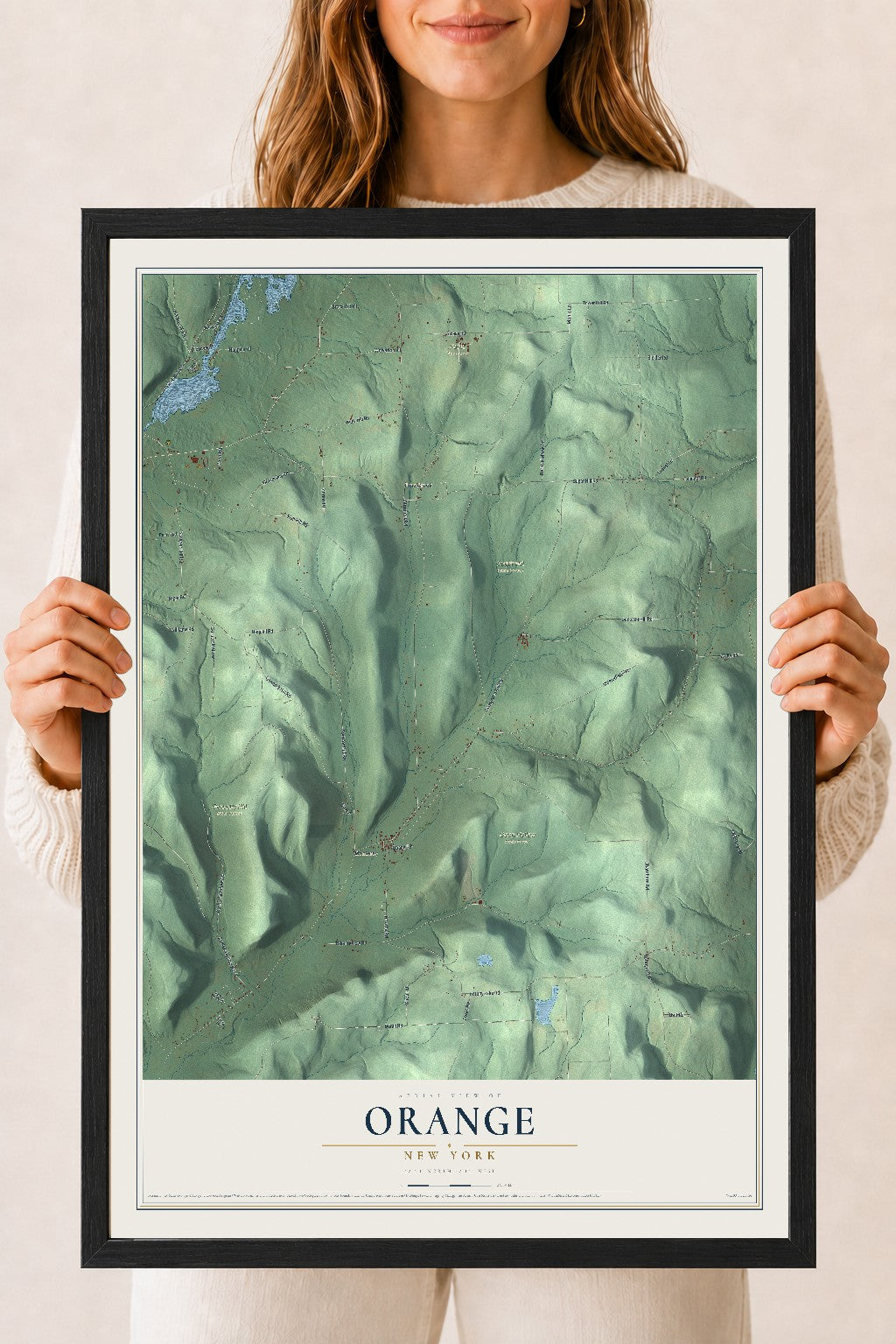 Orange, New York map print, 18" x 24" W/ Black Ayous Wood Frame mockup