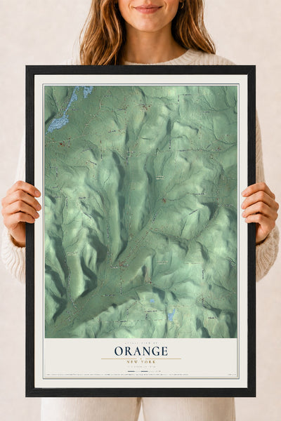 Orange, New York map print, 18" x 24" W/ Black Ayous Wood Frame mockup