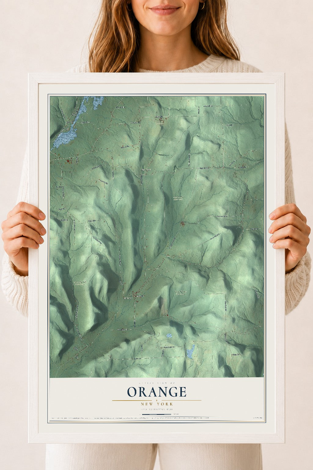 Orange, New York map print, 18" x 24" W/ White Ayous Wood Frame mockup
