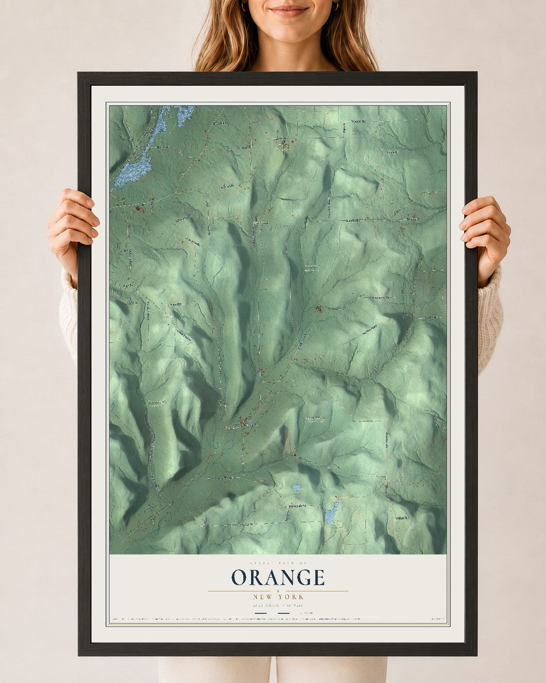 Orange, New York map print, 24" x 36" W/ Black Ayous Wood Frame mockup