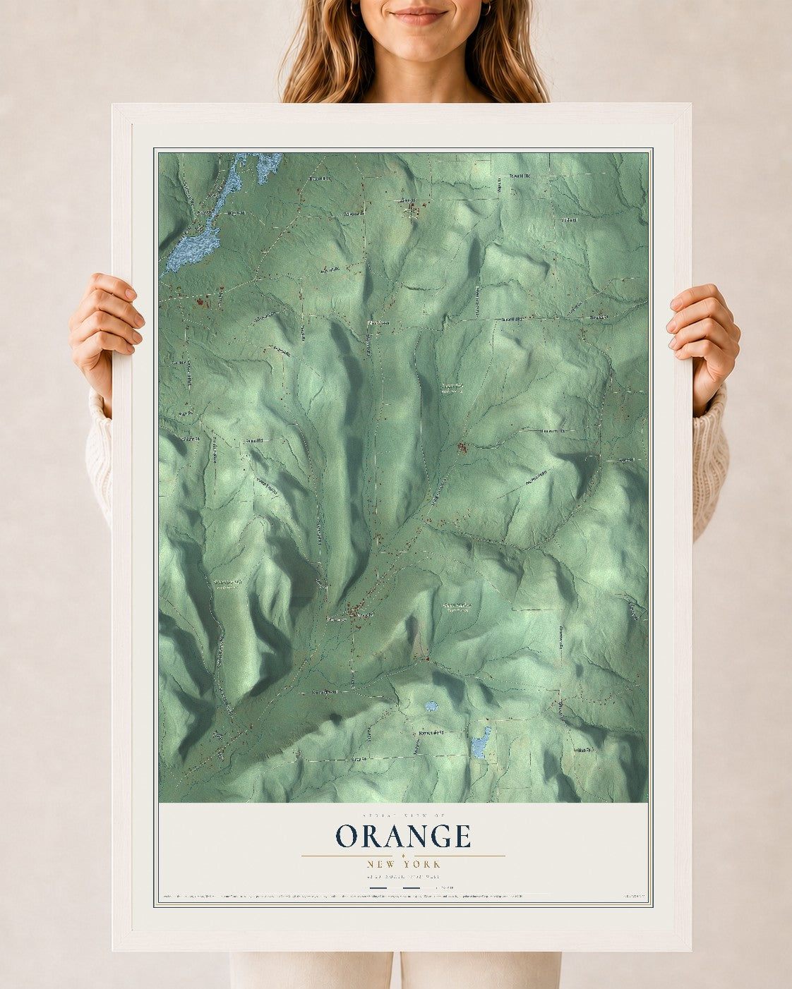 Orange, New York map print, 24" x 36" W/ White Ayous Wood Frame mockup