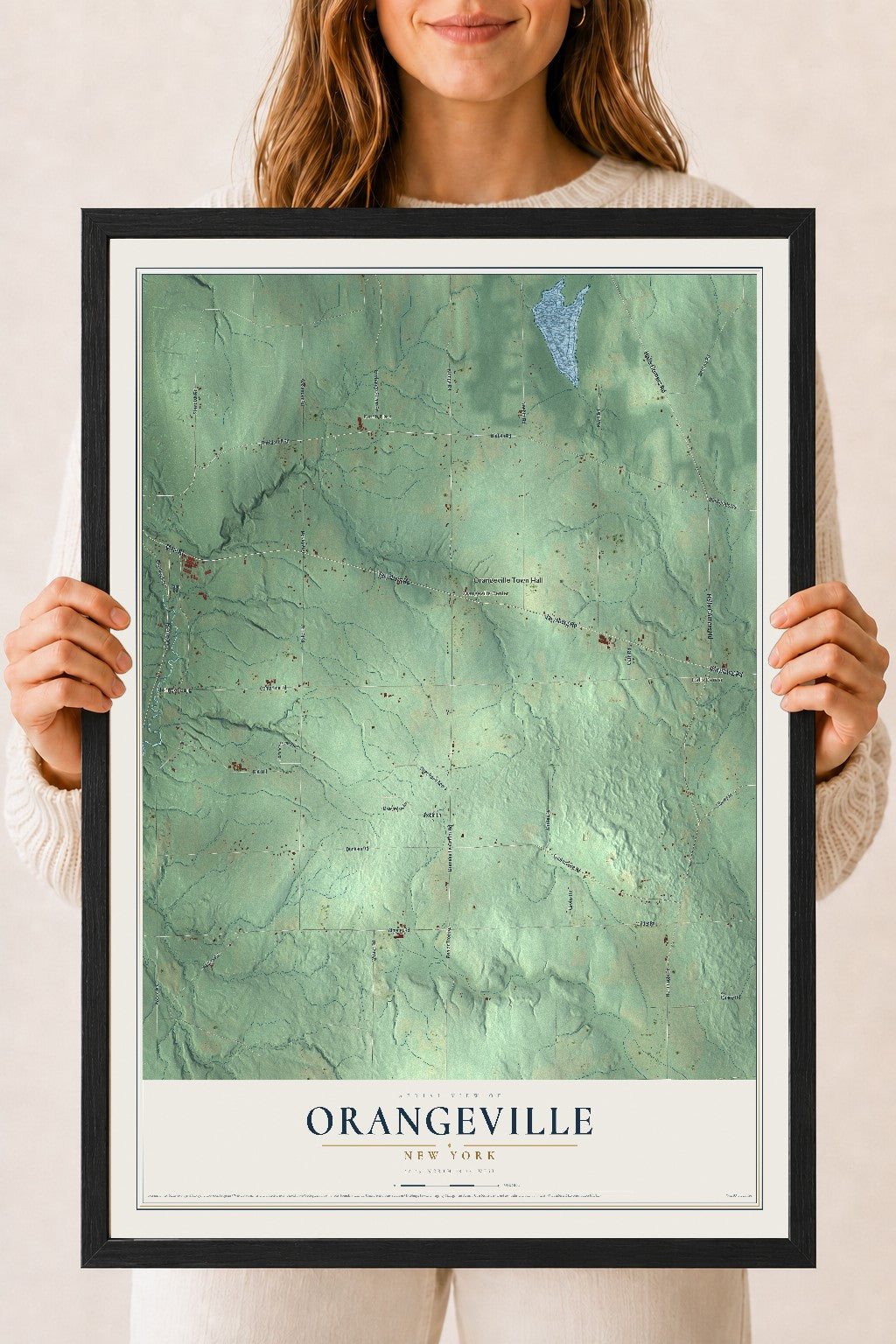Orangeville, New York map print, 18" x 24" W/ Black Ayous Wood Frame mockup