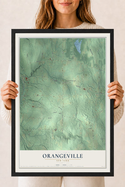 Orangeville, New York map print, 18" x 24" W/ Black Ayous Wood Frame mockup