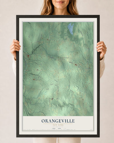 Orangeville, New York map print, 24" x 36" W/ Black Ayous Wood Frame mockup