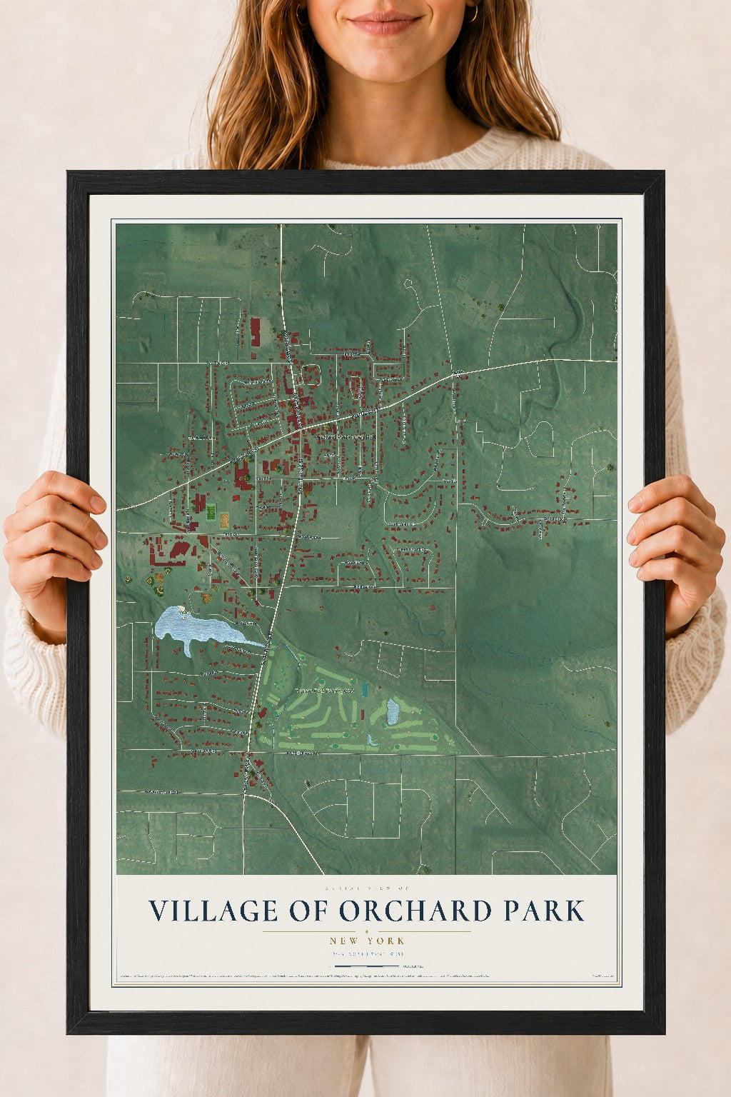 Orchard Park, New York map print, 18" x 24" W/ Black Ayous Wood Frame mockup