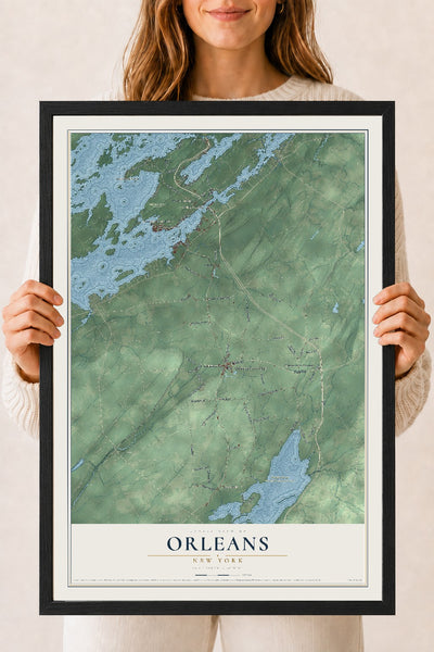 Orleans, New York map print, 18" x 24" W/ Black Ayous Wood Frame mockup