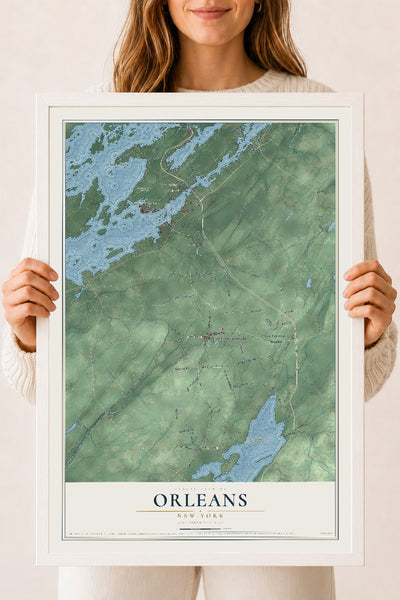 Orleans, New York map print, 18" x 24" W/ White Ayous Wood Frame mockup