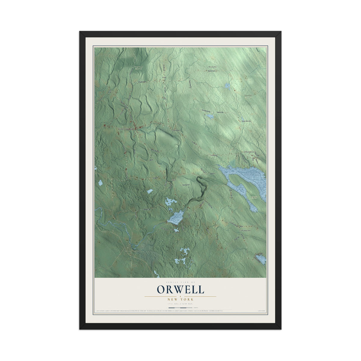 Orwell, New York map print, 12" x 18" W/ Black Ayous Wood Frame mockup