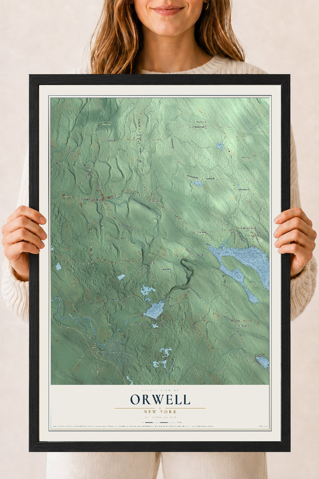 Orwell, New York map print, 18" x 24" W/ Black Ayous Wood Frame mockup