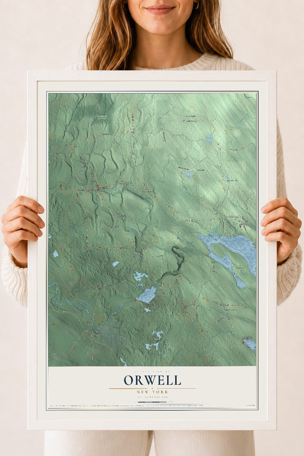 Orwell, New York map print, 18" x 24" W/ White Ayous Wood Frame mockup