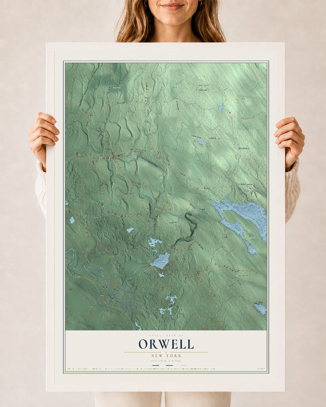 Orwell, New York map print, 24" x 36" W/ White Ayous Wood Frame mockup