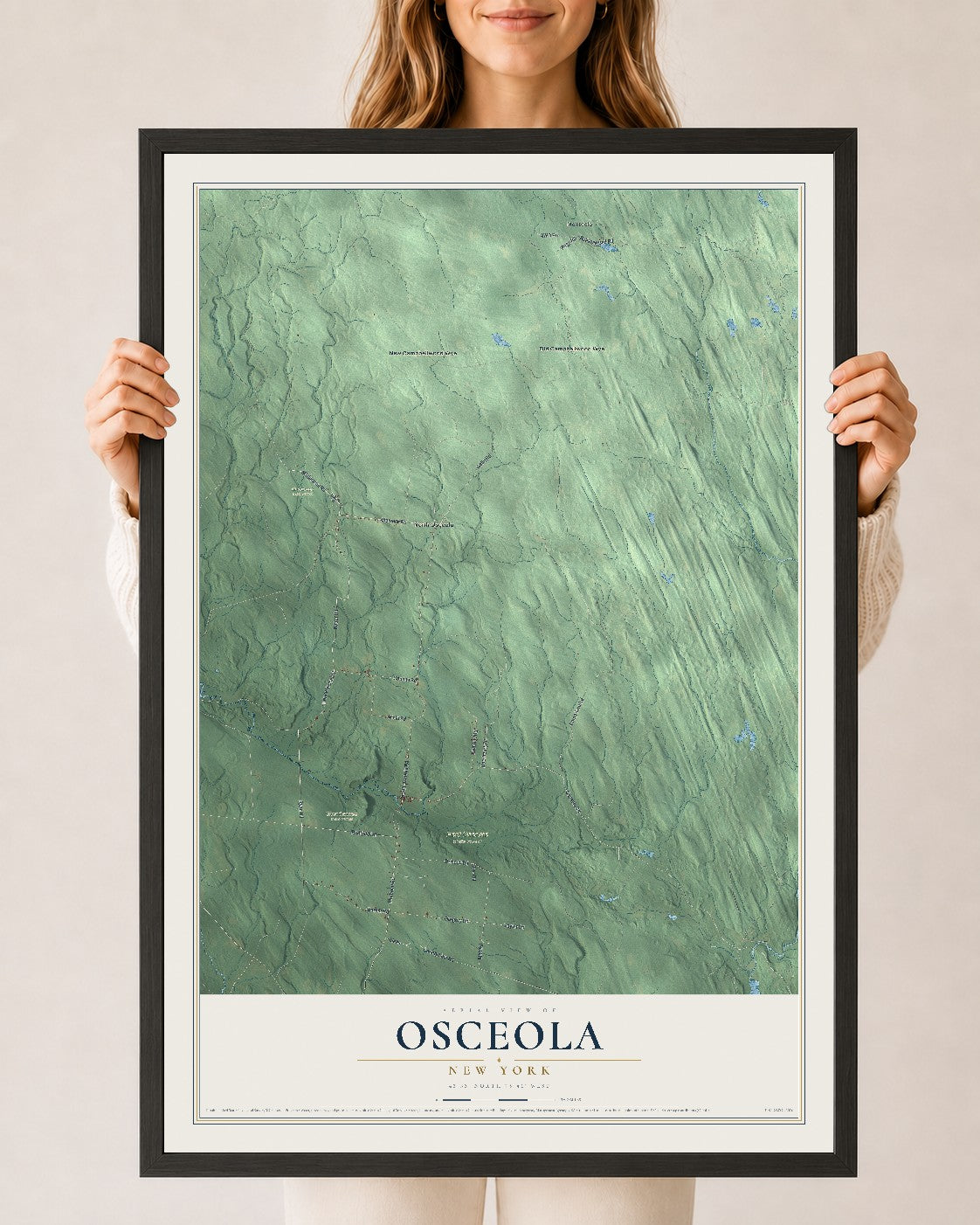Osceola, New York map print, 24" x 36" W/ Black Ayous Wood Frame mockup