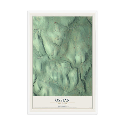 Ossian, New York map print, 12" x 18" W/ White Ayous Wood Frame mockup