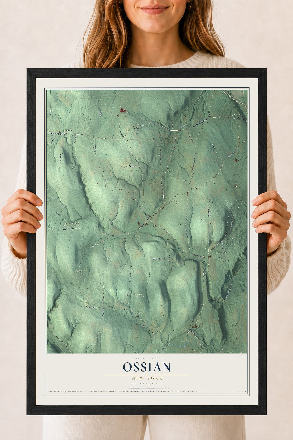 Ossian, New York map print, 18" x 24" W/ Black Ayous Wood Frame mockup
