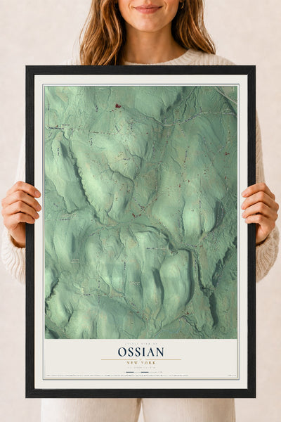 Ossian, New York map print, 18" x 24" W/ Black Ayous Wood Frame mockup