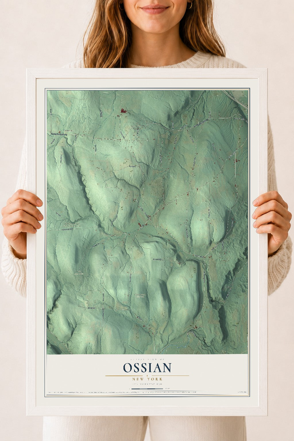 Ossian, New York map print, 18" x 24" W/ White Ayous Wood Frame mockup