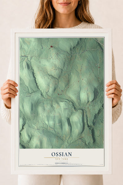 Ossian, New York map print, 18" x 24" W/ White Ayous Wood Frame mockup