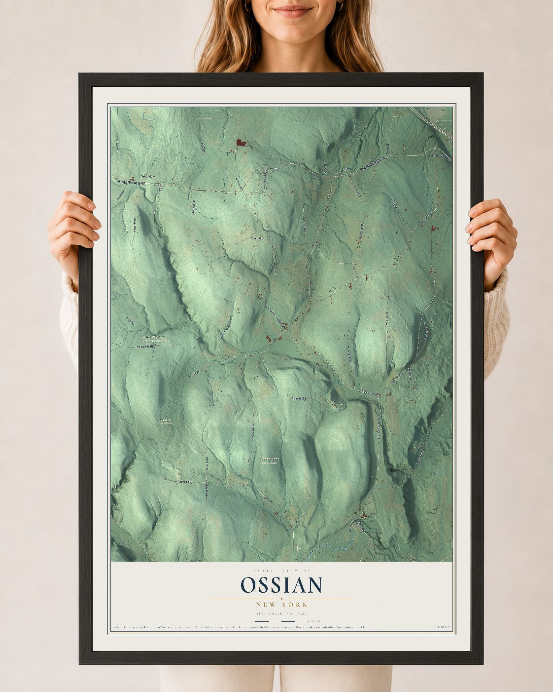 Ossian, New York map print, 24" x 36" W/ Black Ayous Wood Frame mockup