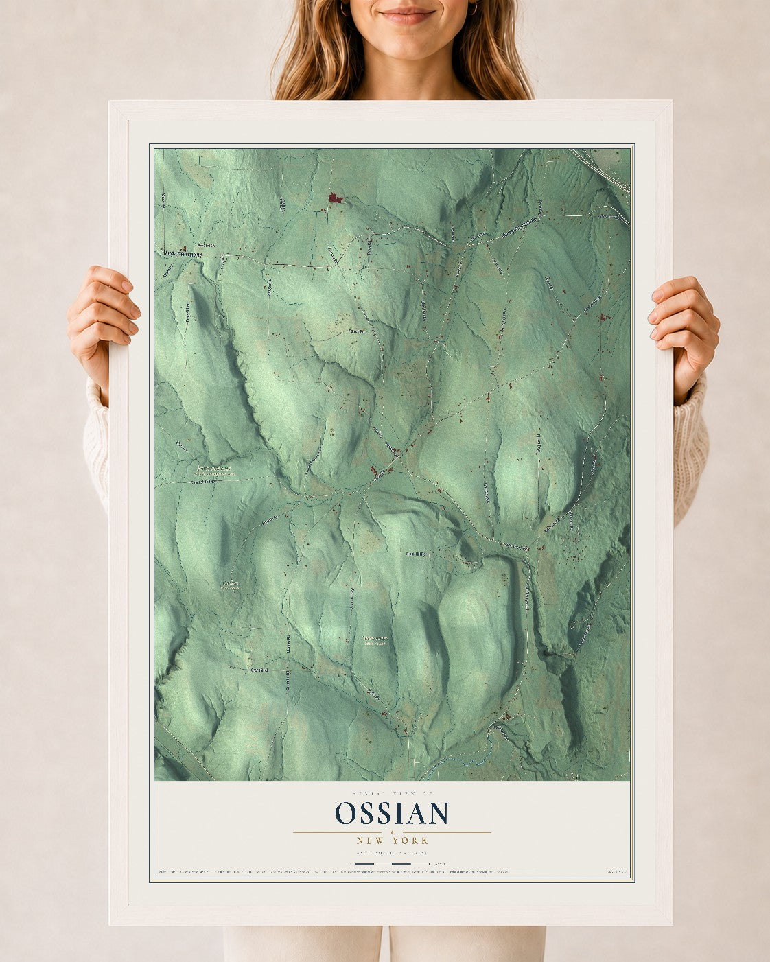Ossian, New York map print, 24" x 36" W/ White Ayous Wood Frame mockup