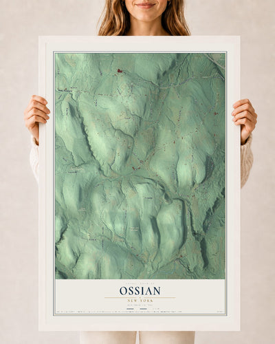 Ossian, New York map print, 24" x 36" W/ White Ayous Wood Frame mockup