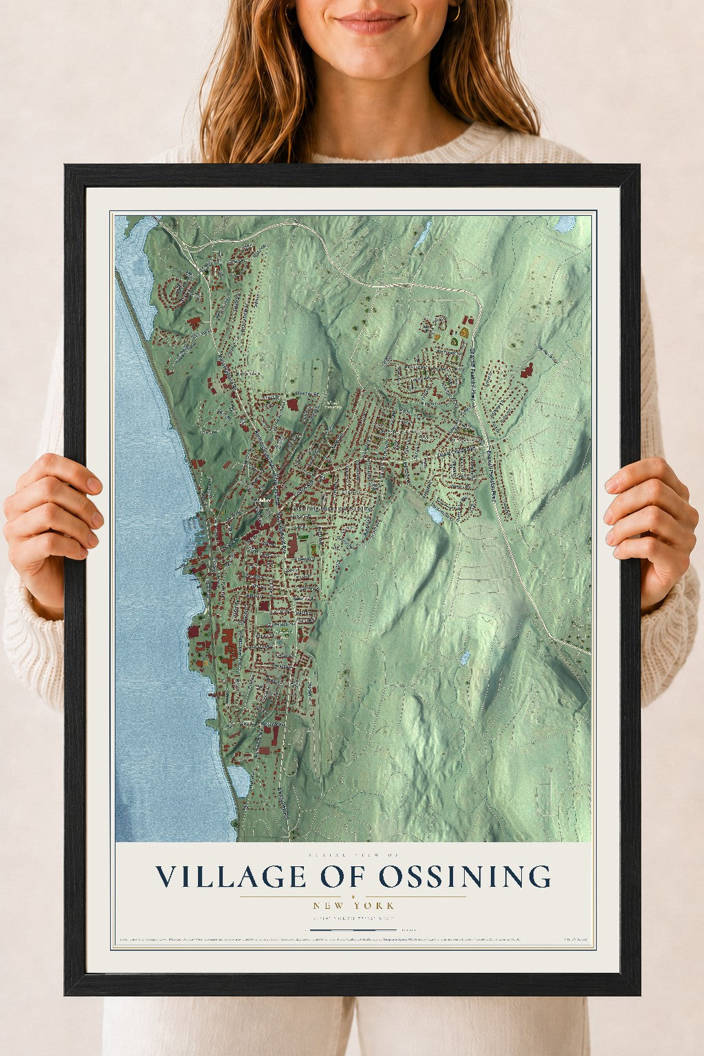 Ossining, New York map print, 18" x 24" W/ Black Ayous Wood Frame mockup