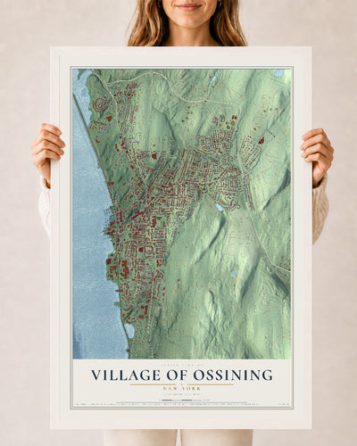 Ossining, New York map print, 24" x 36" W/ White Ayous Wood Frame mockup