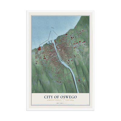 Map of the City of Oswego, Oswego County, New York, 12 x 18 inch print in a white wood frame