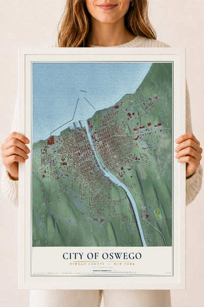 Map of the City of Oswego, Oswego County, New York, 18 x 24 inch print in a white wood frame