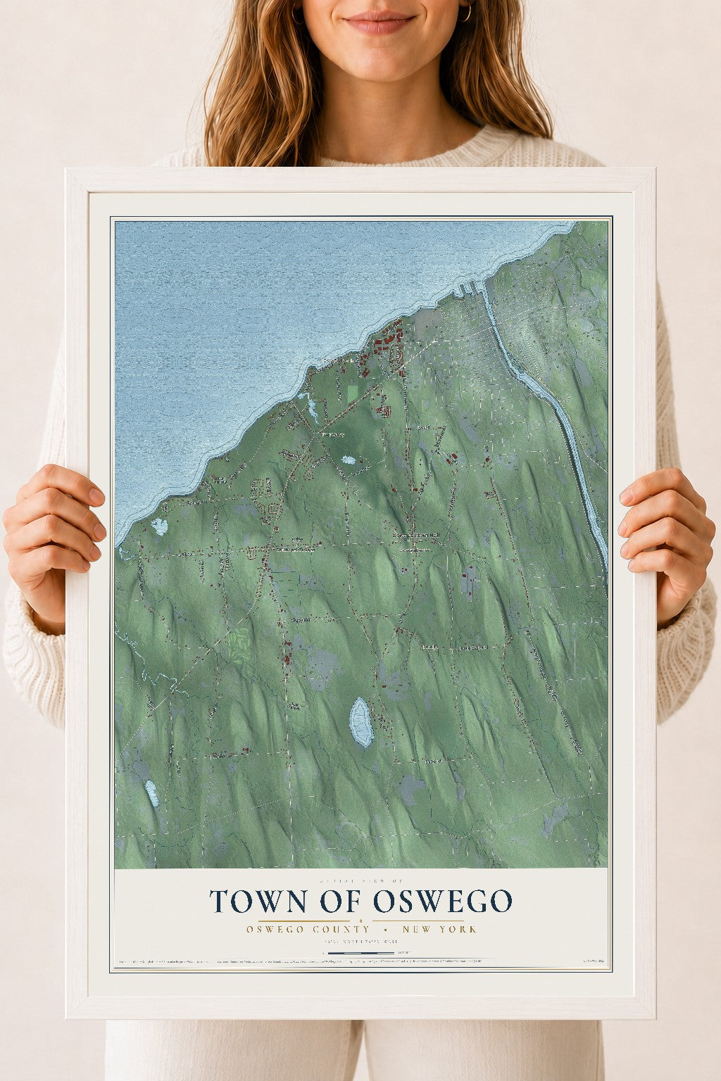 Oswego, New York map print, 18" x 24" W/ White Ayous Wood Frame mockup