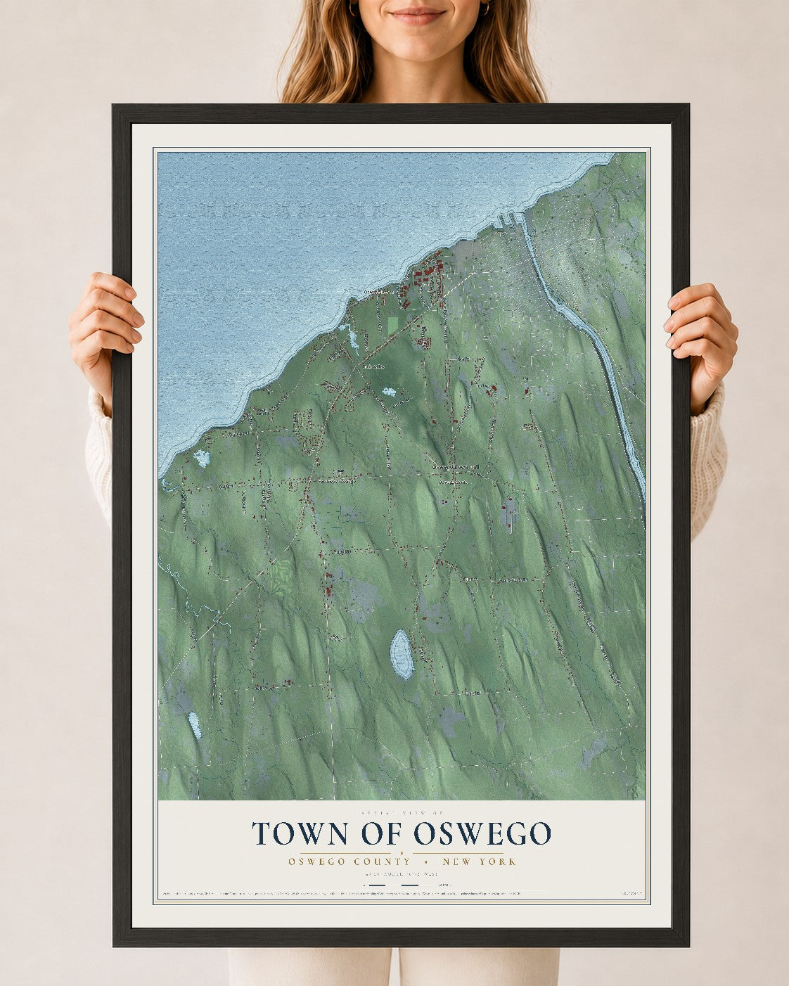 Oswego, New York map print, 24" x 36" W/ Black Ayous Wood Frame mockup