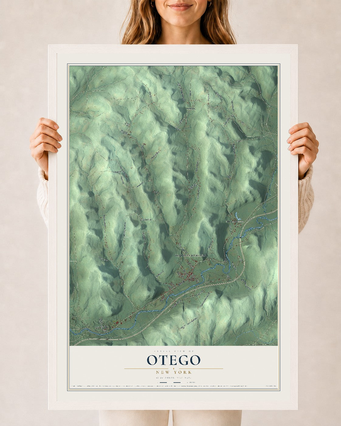 Otego, New York map print, 24" x 36" W/ White Ayous Wood Frame mockup