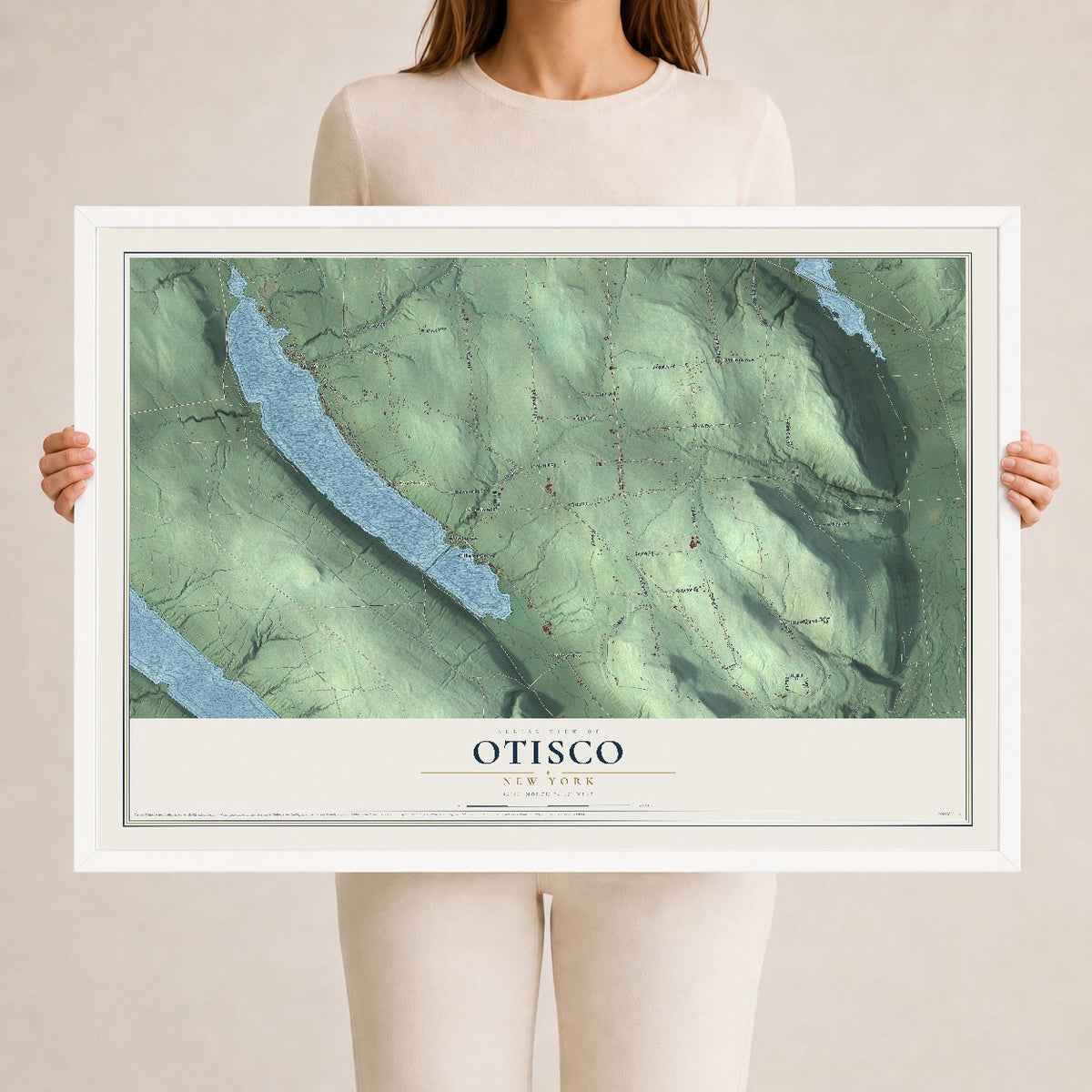 Otisco, New York map print, 24" x 36" W/ White Ayous Wood Frame mockup