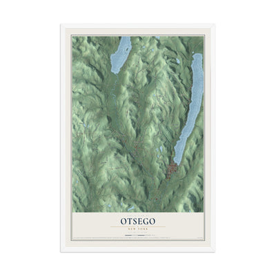 Otsego, New York map print, 12" x 18" W/ White Ayous Wood Frame mockup