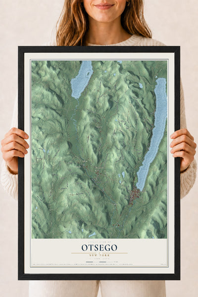 Otsego, New York map print, 18" x 24" W/ Black Ayous Wood Frame mockup