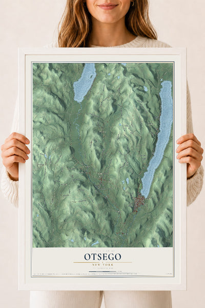 Otsego, New York map print, 18" x 24" W/ White Ayous Wood Frame mockup