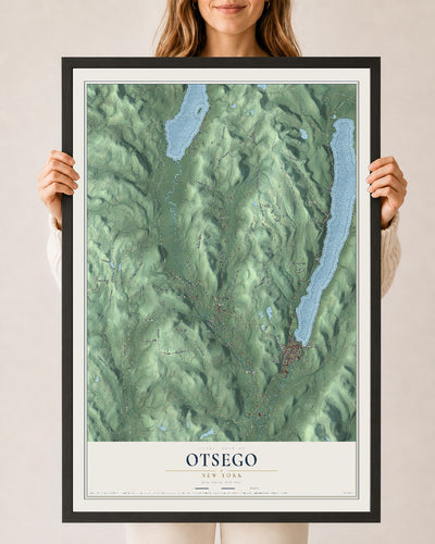 Otsego, New York map print, 24" x 36" W/ Black Ayous Wood Frame mockup